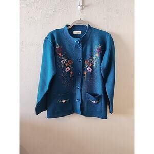 VictoriaWomen's Blue Floral Embroidered Blazer Sweater Sweatshirt Cardigan M L